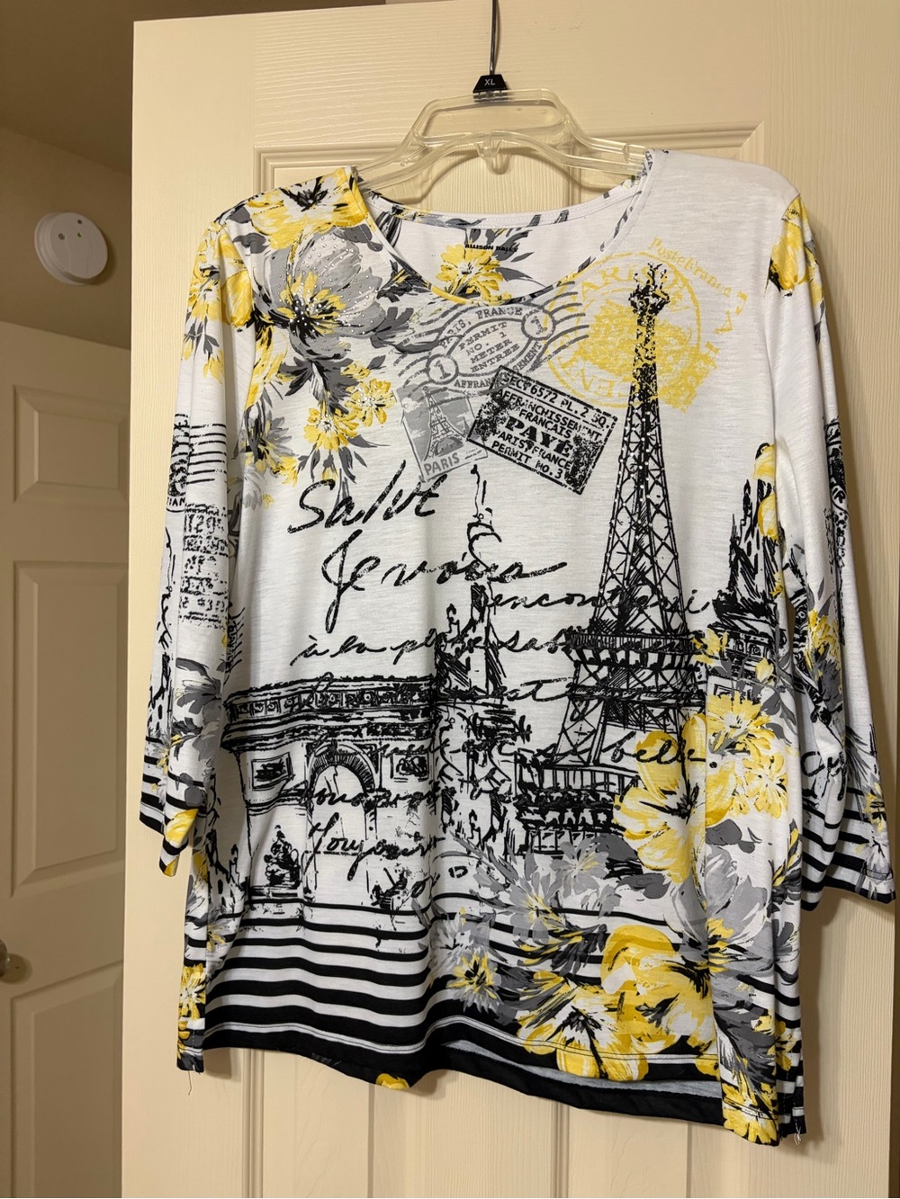 Women's Paris Print Floral Long Sleeve Top - White, Yellow & Gray. Worn one time
